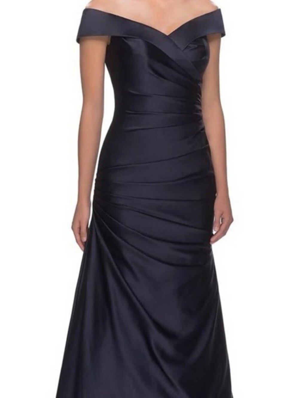 LA FEMME Size 8 Navy Blue Off the Shoulder Ruched Satin Trumpet Gown Dress - Picture 2 of 14